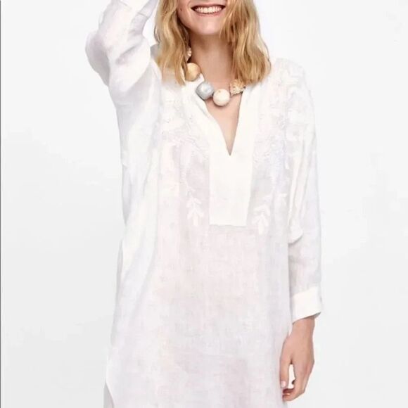 NWT Zara White Linen Jacquard Embroidered Tunic - Picture 6 of 16